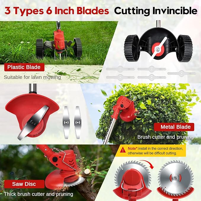 Cordless Weeder Mower Battery Powered 21V 2000mAh, Electric Weeder Brush Cutter, Height Adjustable Edge Trimmer mini Mower 3-in-1 Cutting Tool, 8 Blades, 1 Wheel, 2 Batteries, 1 Charger