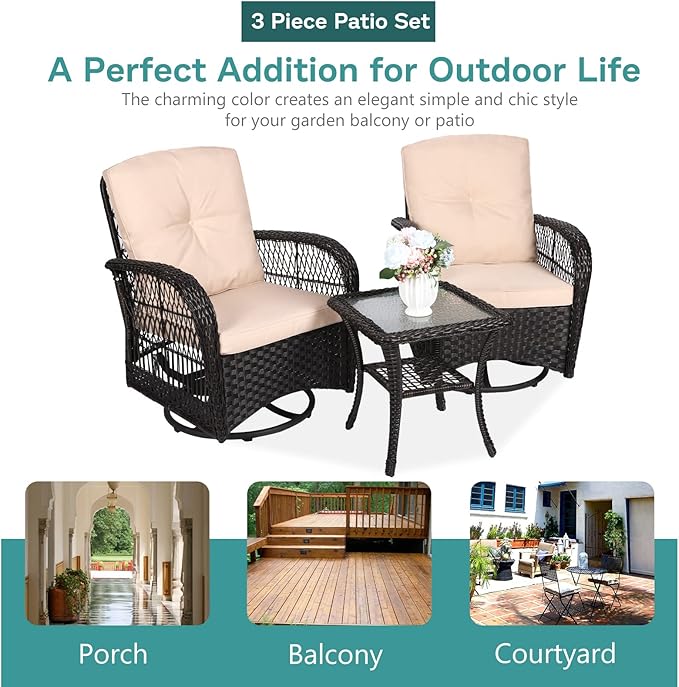 MEETWARM 3 Pieces Outdoor Wicker Swivel Rocker Patio Set, Rocking Chairs Rattan Patio Furniture Sets with Thickened Cushion and Glass-Top Coffee Table, Conversation Bistro Set for Porch (Dark Brown)