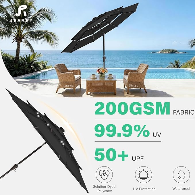 JEAREY 3 Tiers Patio Umbrella with Solar Lights 9ft Outdoor Market Table Umbrellas with Push Button Tilt for Outside Pool Garden, Black