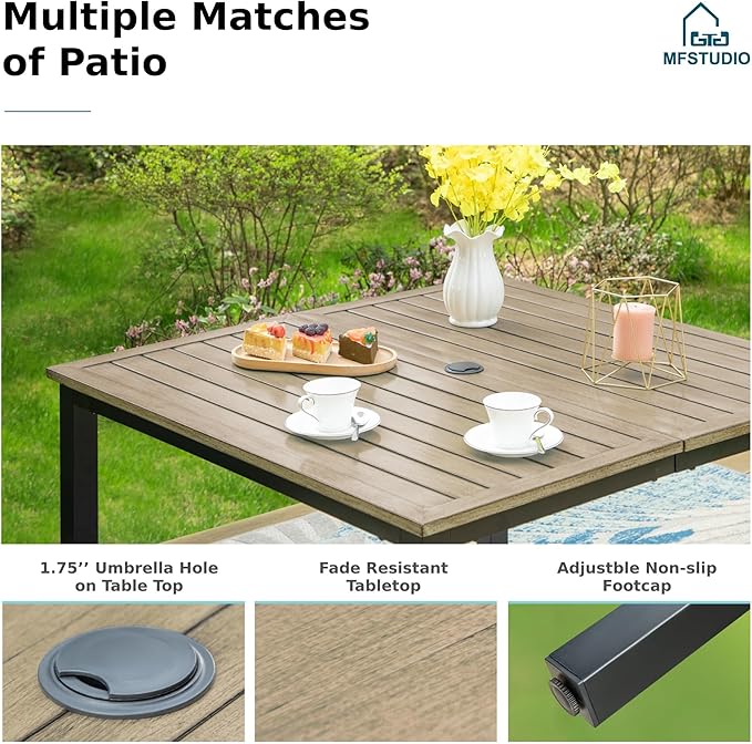 MFSTUDIO 5-Piece Patio Dining Set, Swivel Metal Chairs, Umbrella Hole | 42" Square Wood-Look Metal Table, Black, Removable Cushions