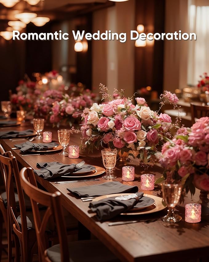 Homemory 2" x 2" Acrylic Votive Candle Holders with Auto Timer Flameless Led Tealight with, Battery Powered Fake Electric Candles for Wedding Centerpiece, Table, Christmas Decor (12Pack, Pink Base)