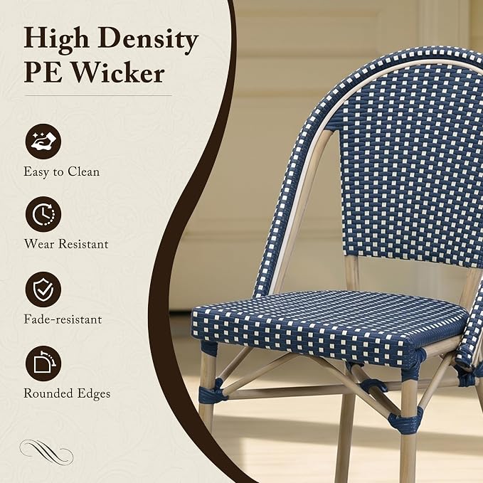 PURPLE LEAF 7-Piece French Bistro Dining Set Rectangle Outdoor Patio Table and 6 Armless Chairs Tempered Glass Top PE Rattan Champagne Print Finish Aluminum Frame Navy Blue
