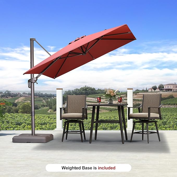 PURPLE LEAF 8' X 8' Cantilever Patio Umbrella with Base Included Antique Bronze Square Umbrella with 360° Rotation and Aluminum Offset Hanging Outdoor Umbrella for Pool Garden Backyard Deck, Brick Red
