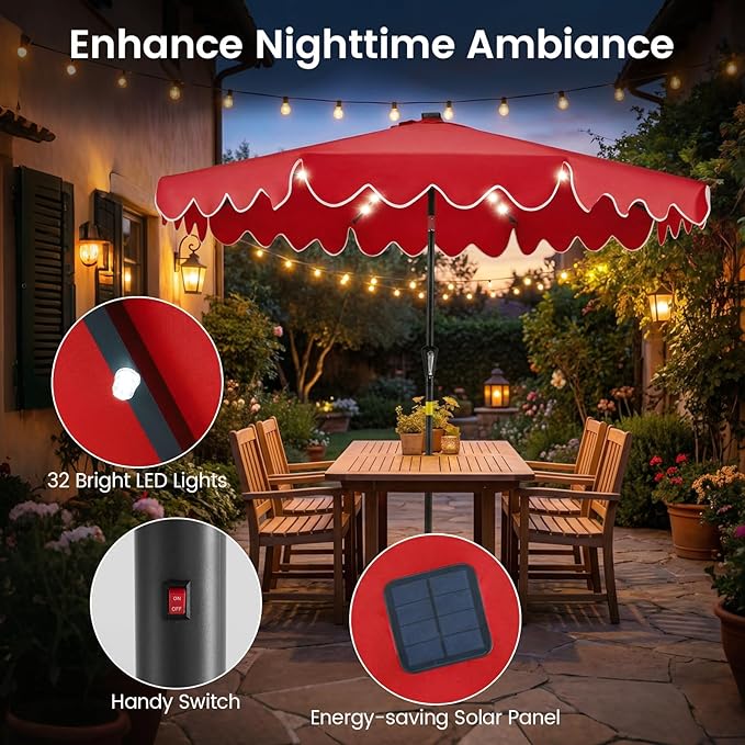 Tangkula 9 FT Solar Patio Umbrella with Base Included, 2-Tiers Outdoor Scalloped Table Umbrella with 32 LED Lights, 2 Sandbags, Tilt Adjustment, Crank, 8 Ribs for Market Backyard Pool Deck Beach Lawn