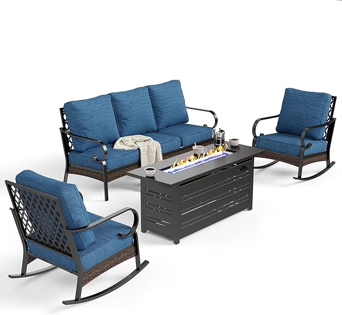 4 Piece Black Metal Outdoor Patio Furniture Sets with Firepit Table, Patio Conversation Sets 1 3-Seater Sofa 2 Rocking Sofa with 5.75" Thick Cushion Backyard Furniture for Deck, Blue-2