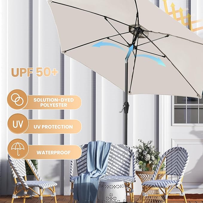 Ayge 7.5FT Large Outdoor Patio Umbrella Market Table Umbrella-UV Resistant, Easy Push Button Tilt and Crank, 6 Sturdy Fiberglass Ribs Heavy-Duty Pool Umbrella for Deck, Backyard,Garden, Yard,White