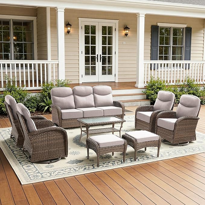 8-Piece Luxury Patio Furniture Set with 6-Inch Thick Cushions, High-Back Outdoor 4 Swivel Rocking Chairs with Wicker Coffee Table, All-Weather Conversation Set for Porch, Deck, Yard – Beige