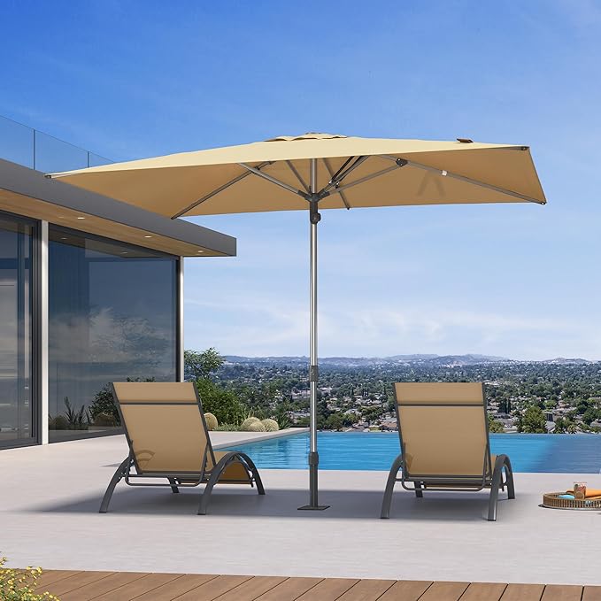 PURPLE LEAF 6 X 10 FT Commercial Rectangle Patio Market Umbrella Semi Auto Heavy Duty 1.9" Aluminum Pole 6 Sturdy Ribs for Outdoor Dining Business Restaurant Poolside Hotel Resort Wedding Venue Cafes Garden Beige