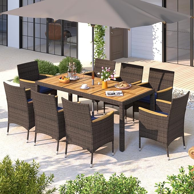 HAPPYGRILL 9 Pieces Acacia Wood Patio Dining Set for 8 People, Outdoor Rattan Furniture with Cushions, Rectangular Dining Table with Umbrella Hole, for Garden Backyard Deck