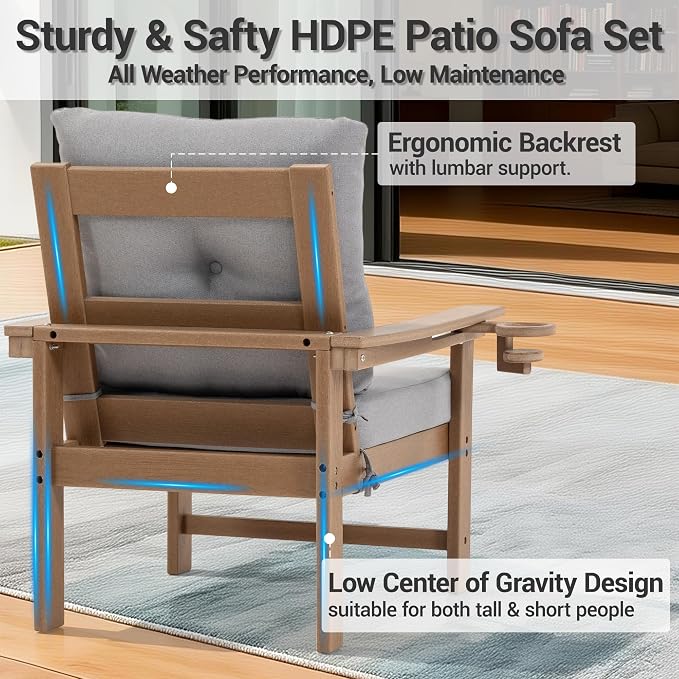Modular Outdoor Patio Furniture Set, 7-Piece HDPE Sectional Sofa with Coffee Table & Thick Cushions - All-Weather Patio Conversation Set for Backyard, Deck, Poolside, Brown
