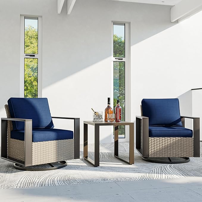 3 Piece Patio Chair Set, Outdoor Swivel Rocker Patio Chairs and Side Table, Metal Patio Furniture with Deep Seating, Thicken Cushions for Deck, Porch, Yard Use (Blue, 3 PCS/Swivel)