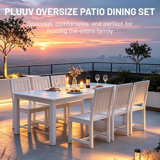 PLUUV 7-Piece Outdoor Dining Set – HDPE Patio Furniture with Umbrella Hole Table, Aluminum Legs, and 6 Armless Chairs, Weatherproof & Easy-Clean for Backyard, Garden, White
