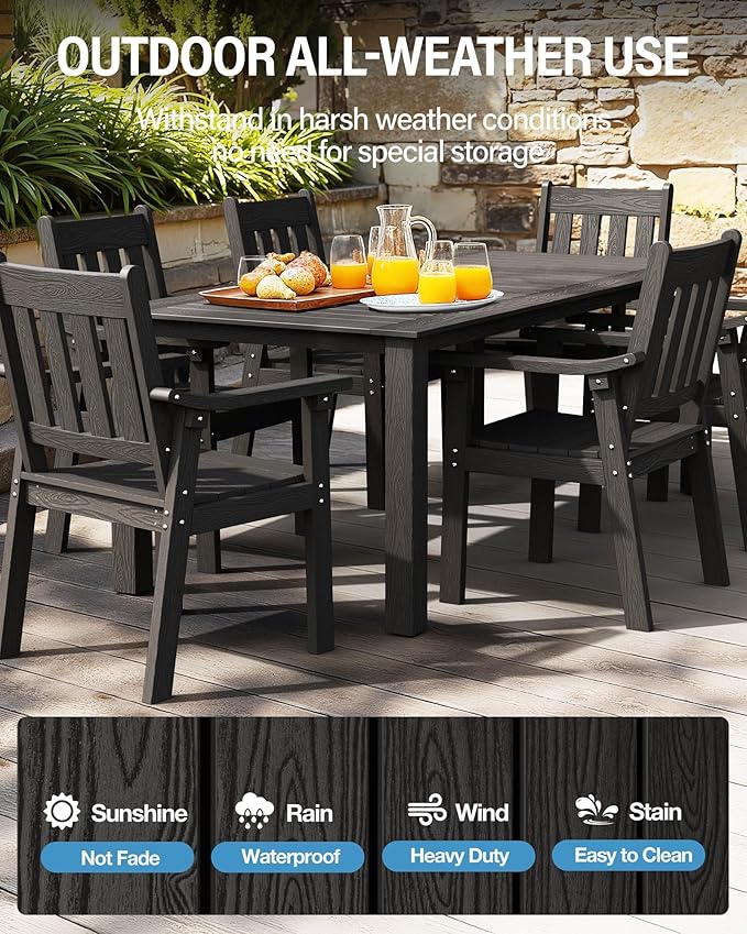 YEFU HIPS Patio Table Set: 5 Piece Outdoor Table and Chairs Dining Furniture Set with Umbrella Hole - Black Modern Plastic Dining Sets 4 Person for Outside Deck with Metal Aluminum Frame
