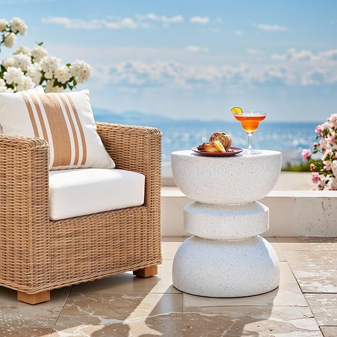18" Outdoor Side Table, Modern Hourglass Garden Stool in Painted Faux Terrazzo-Look, Patio Coffee Accent Table Decorative, Durable Weatherproof MGO & Easy Assembly Round Table for Room Porch