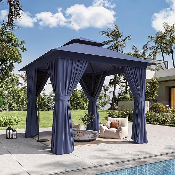 8'x8' Gazebo, Outdoor Gazebo Metal Frame Canopy with Double Roofs, Heavy Duty Patio Tent Shelter with Mosquito Netting and Privacy Screen for Backyard, Blue