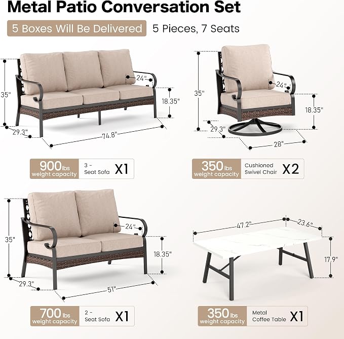 SUNSHINE VALLEY 5 Piece Metal Outdoor Patio Furniture Set, Patio Conversation Sets 3-Seater Sofa, 2-Seater Sofa, 2 Swivel Chair with 5.75" Thick Cushion & Coffee Table Black Backyard Furniture, Beige