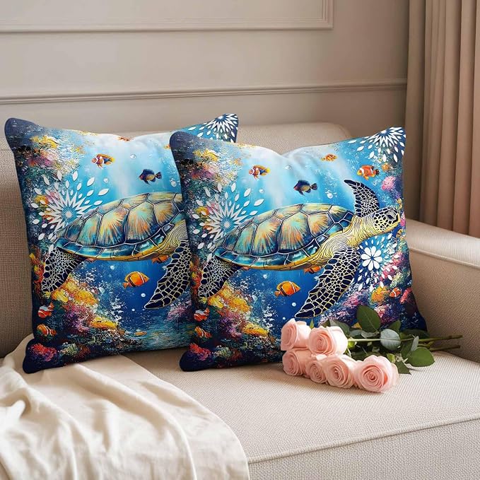 Turtle Waterproof Outdoor Pillow Covers Set of 2 Home Decor, Ocean Fish Coral Underwater World Cartoon Pillowcase Patio Pillow Covers for Couch Bench Furniture Garden 26x26in