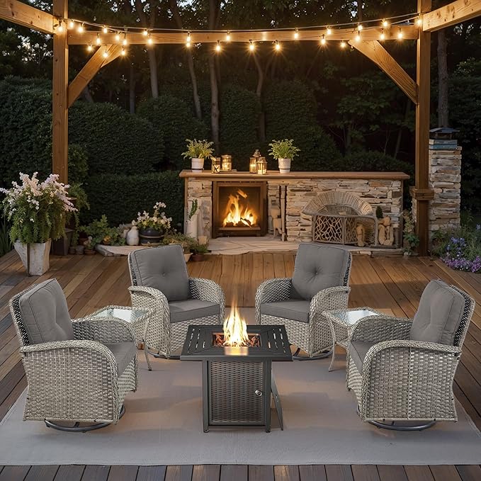 7 Piece Patio Furniture Set with Fire Pit Table - Wicker Patio Conversation Set with 4 Swivel Glider Chairs and 2 Tempered Glass Side Tables for Deck Backyard - Grey Wicker Grey Cushion