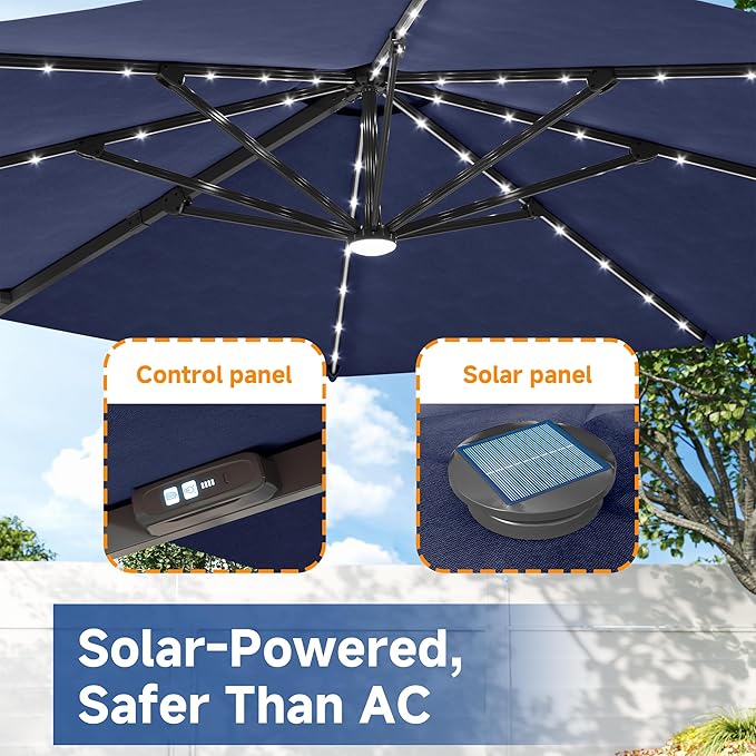 FLAME&SHADE 11ft Cantilever Patio Umbrella with Base, Round Offset Umbrella with Solar Light Strips, Large Heavy Duty Outdoor Aluminum 360° Rotation,for Deck,Pool,Backyard