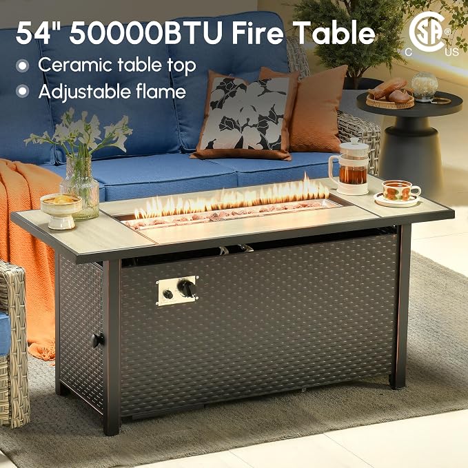 10 Pcs Outdoor Sectional Patio Furniture Set with Fire Pit Table and Swivel Rocking Chairs - All Weather Wicker Modular Outside Sectional Couch,Patio Seating Outdoor Conversation Sets,Blue