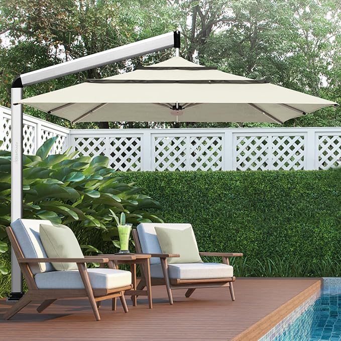 EliteShade USA Atlas 3-Tier 10x10FT Full Aluminum Cantilever Patio Umbrella for Outdoor Restaurant Garden Courtyard Deck Pool and Marketing with Light (No battery), Natural