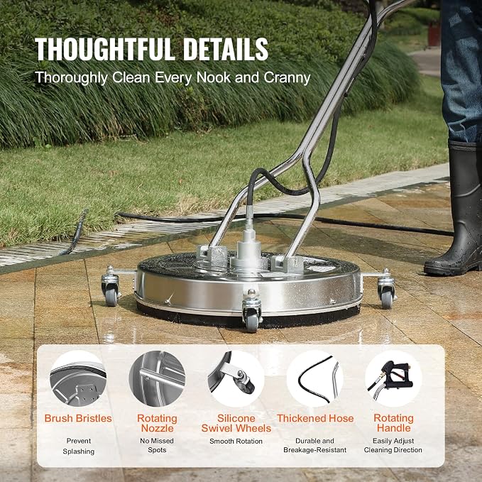 VEVOR 24" Pressure Washer Surface Cleaner w/Handles & Wheels, Stainless Steel Concrete Cleaner 4000 Max PSI, 3/8" Connector & 1/4" Adapter Power Washer Floor Attachment,for Floor Driveway, Patio