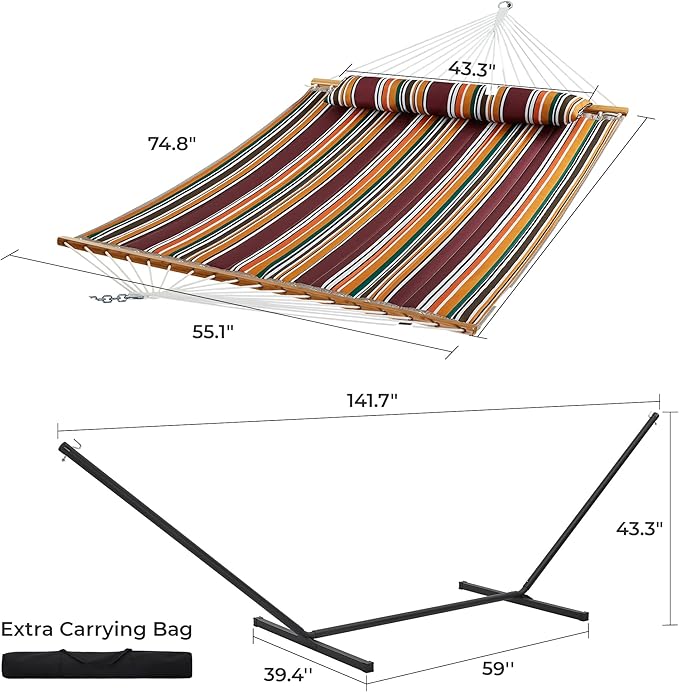 SUPERJARE Hammock with Stand, 2 Person Quilted Outdoor Hammock, Detachable Pillow & Bamboo Spreaders, Portable Hammock with Carrying Bag, Heavy Duty Stand, Perfect for Outside, Patio, Maple-Leaf Red