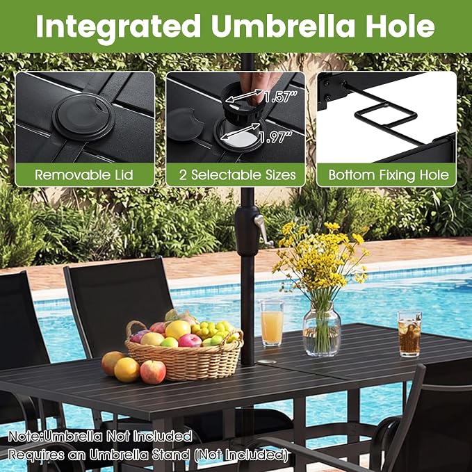 Tangkula 63" x 33" Metal Patio Dining Table for 6, Rectangle Heavy Duty Outdoor Dining Table with Umbrella Hole, 6-Person Outside Dining Furniture for Porch, Garden, Balcony and Backyard