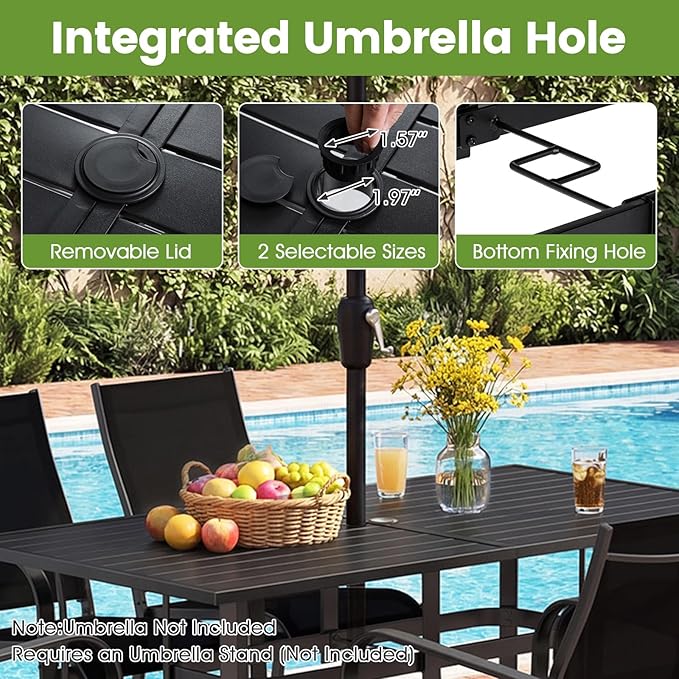 Tangkula 7 Pieces Patio Dining Set for 6, 63” x 33” Outdoor Rectangle Metal Table with Umbrella Hole & 6 Stackable Breathable Mesh Armchairs, Outside Furniture Set for Backyard, Garden & Porch (Brown)