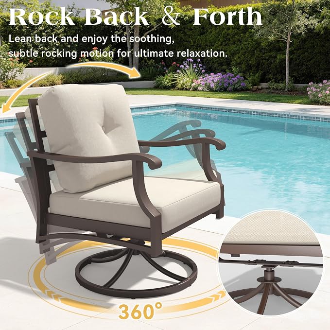 4 Piece Patio Furniture Set, Metal Outdoor Conversation Set w/3-Seat Sofa, 2 Rocking Swivel Chairs, Side Table, Patio Bistro Set w/5" Thickened Cushions for Porch Yard Poolside, Beige