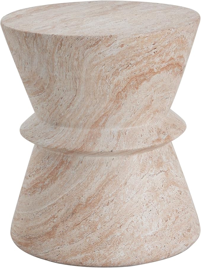 Outdoor Side Table 15.5" Hourglass Shape Concrete Side Table, Patio Tables for Outside Decorative Garden Stools, No Assembly Accent Table for Patio Porch Living Room, Beige