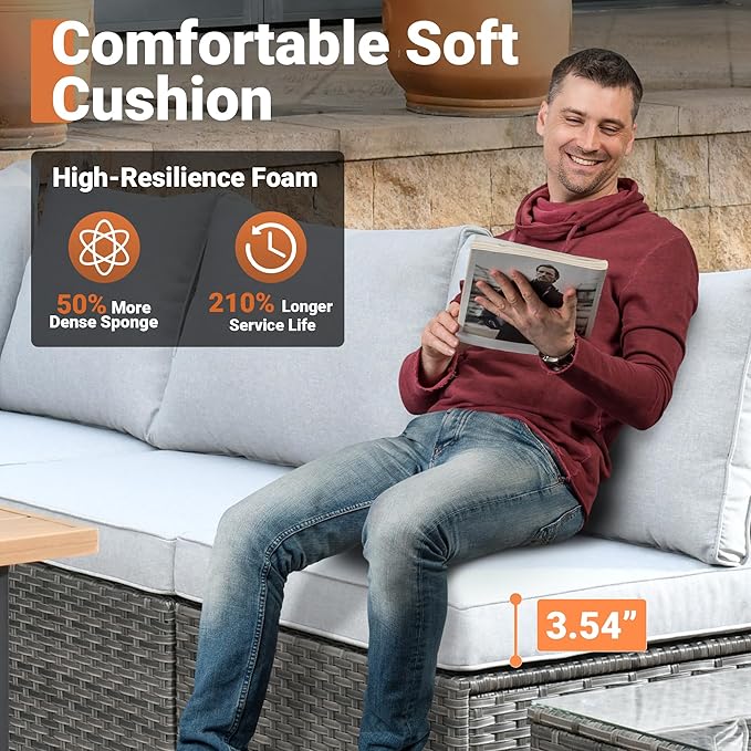 ovios 11 Piece Outdoor Patio Furniture Set with Fire Pit Table,Conversation Sectional Wicker Couch with Swivel Chairs,Modern Outside Sofa for Balcony Backyard, Grey