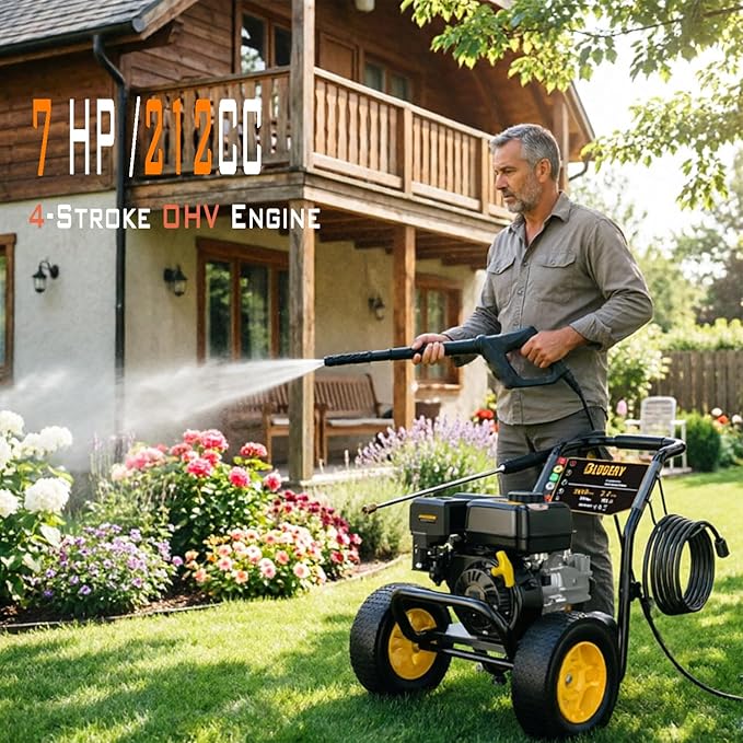 BLUBERY Gas Pressure Washer, 3600 PSI Pressure Washer，2.7 GPM Heavy Duty Power Washer, 30 feet Pressure Hose&Soap Tank,4-Stroke OHV 212cc Engine,Portable Industrial Style,Black