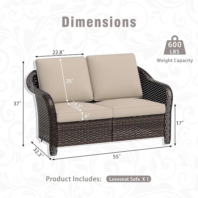 3 Piece Patio Wicker Conversation Set, All-Weather Use Outdoor Wicker Loveseat with 2 PE Rattan 360 Swivel Chair, Ideal for Porch, Backyard, Balcony, Poolside, Beige
