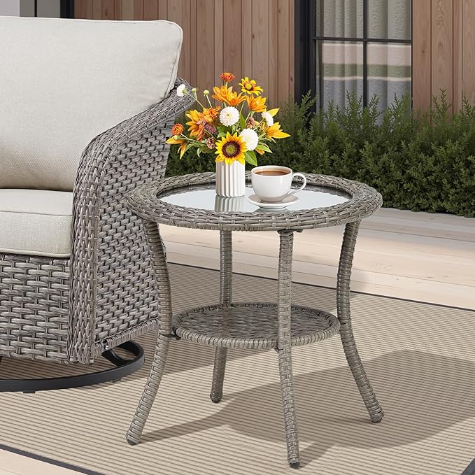 Belord Outdoor Swivel Rocker Patio Chairs - Patio Rocker Chairs Set of 2 with Glass Side Table, High Back Swivel Glider Chair with Deep Seating for Porch Deck Balcony Garden Grey/Beige