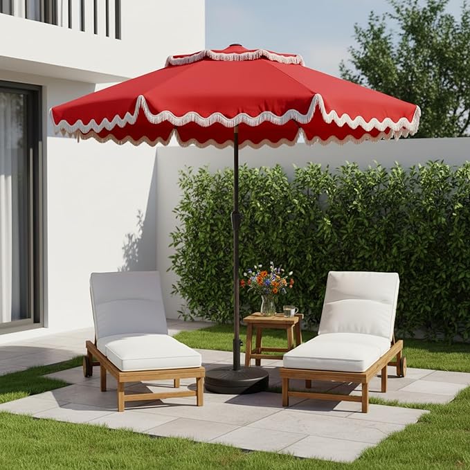 9FT Patio Umbrella with Fringe,Tassel Umbrella with Push-Button Tilt | UPF 50+ & Rust-Resistant Fiberglass Frame for Patio, Pool,Garden,Yard(Red)