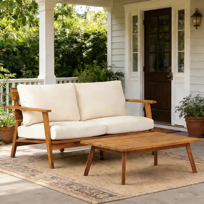 Christopher Knight Home Colmar 2 Pieces Conversation Set, Mid Century Patio Loveseat Sofa and Coffee Table, Outdoor Acacia Wood Loveseat and Table Set with Cushions in Slats Panels Design, Teak+ Beige