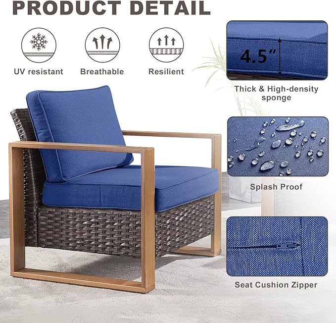 Rilyson Outdoor Wicker Patio Furniture Set - 4 Piece Patio Conversation Set with 2 Wicker Armrest Chairs,2 Rattan Ottoman, Sturdy Frame, Thick Cushions, Deep Seating(Brown/Blue)