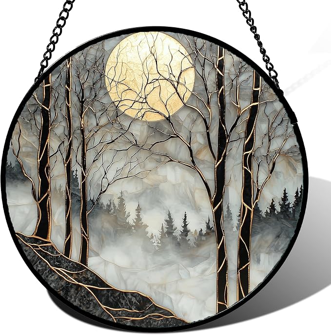 Stained Glass Window Hanging - Grey Moon Forest Sun Catcher for Door Home Decor Suncatcher Christmas Mother's Day Birthday Gifts for Women Men Lovers Mom Nana 7.8 in