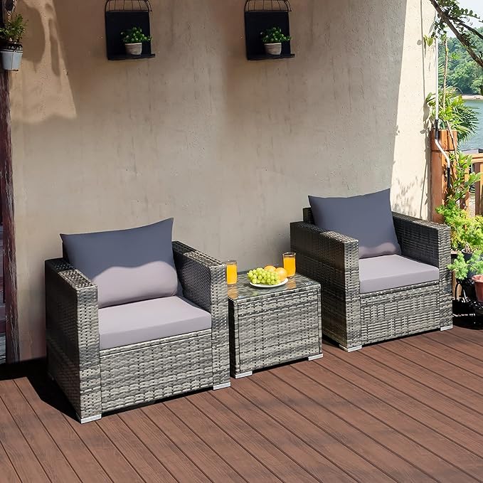 DORTALA 3 Pieces Patio Furniture Set, Outdoor Rattan Sofa Couch Set with Cushions, Tempered Glass Coffee Table, Wicker Patio Conversation Set for Lawn Backyard Poolside Balcony, Grey