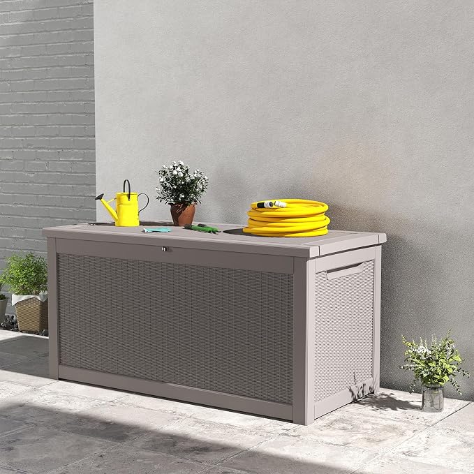 260 Gallon Outdoor Deck Boxes, IP68 Waterproof Outdoor Storage Box with Hydraulic Lid Support, Outside Resin Container for Furniture, Toy, Shoe, Garden & Patio Tools Storage -Brown