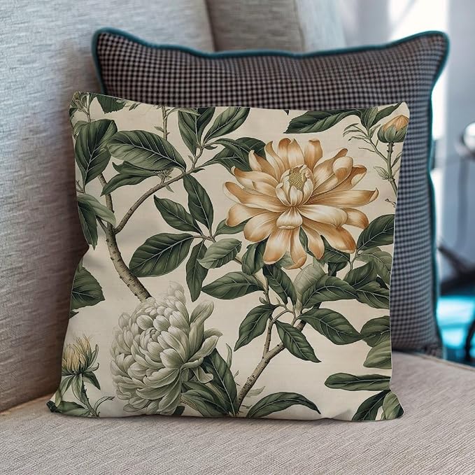 Green and White Chinoiserie Floral Pillow Cover Golden Lotus Flower Throw Pillow Cover Retro Throw Pillow Covers Farmhouse Decorative for Patio Tent Couch 22x22 in