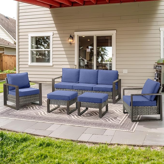 Belord 5 Piece Outdoor Wicker Patio Conversation Furniture Set Deep Seating, Metal Wide Armrests Patio Sofa Set with Rattan Chairs Ottomans for Porch Deck Sunroom Backyard