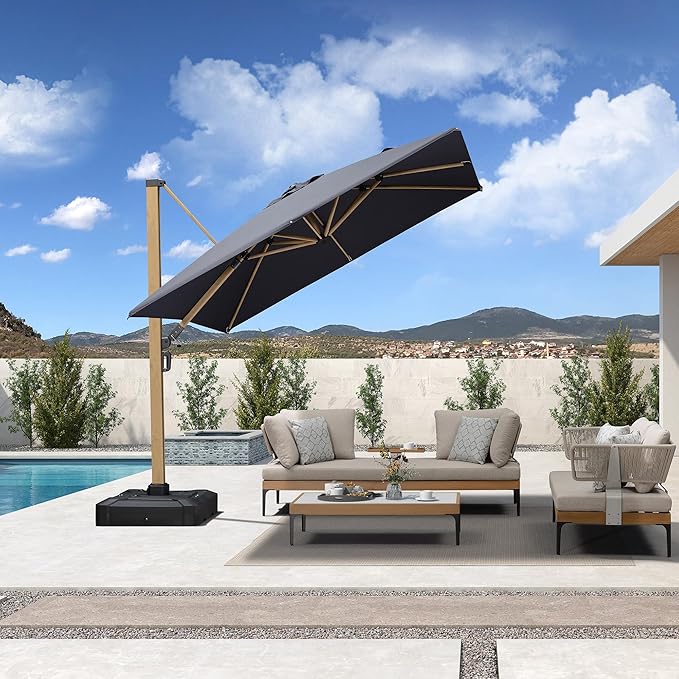 PURPLE LEAF 9FT Patio Umbrella With Base Square Cantilever Umbrella Teak Finished Aluminum Frame Large Windproof Offset Outdoor Sun Umbrellas for Beach Pool Deck, Grey
