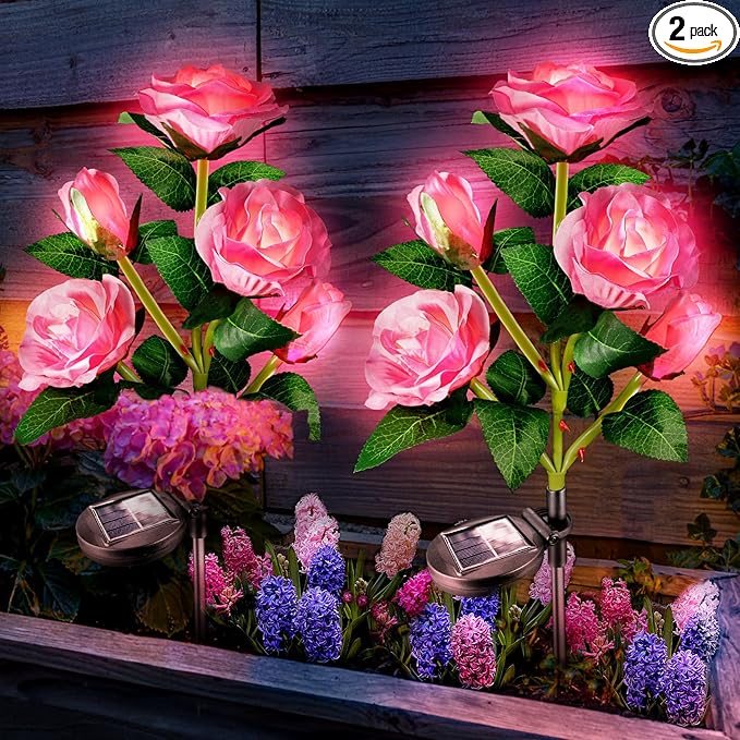 Anordsem Solar Garden Lights Outdoor: 10 Waterproof Fabric Roses 2 Pack - Pink LED Flower Decorations for Yard Patio Path Cemetery Grave - Mother's Day Gifts for Her Women Mom Wife
