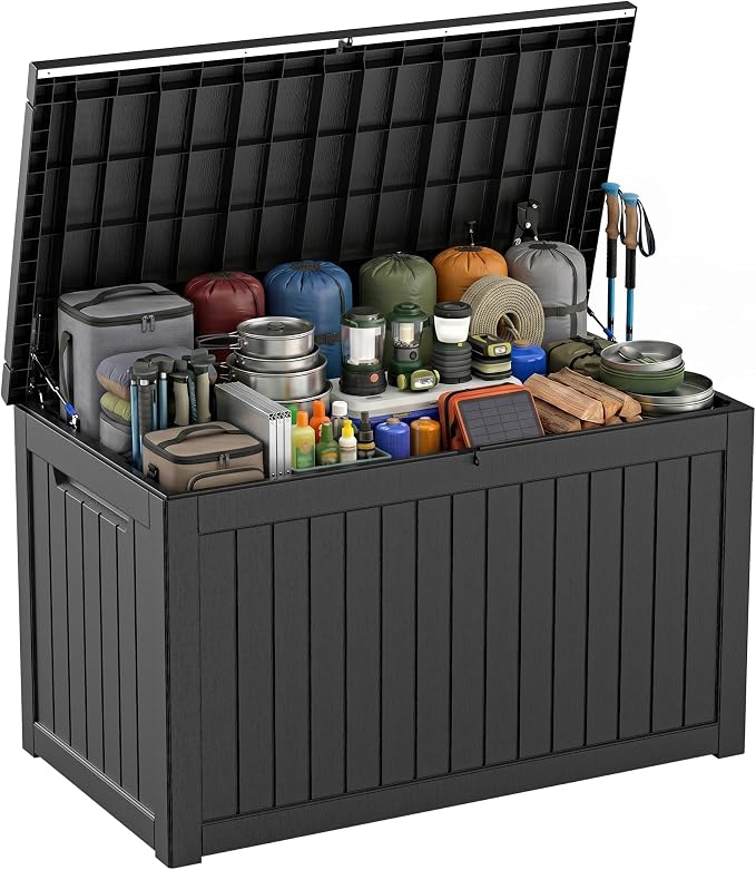 PatioZen 310 Gallon Deck Box Outdoor Storage Box, Waterproof and UV Resistant, Lockable&Resin for Patio Cushions Storage Furniture, Garden Tools, Pool Supplies(Black, 310 Gallon)