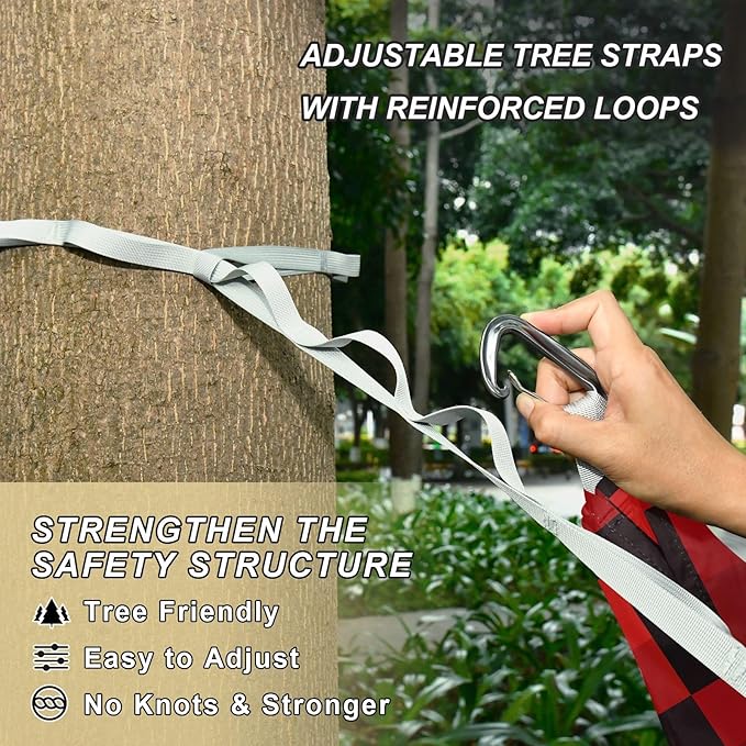 Camping Hammock Outdoor Hammocks for Outside Red Black Check Beach Trees Portable Lightweight with Pockets Tree Straps Indoor Small