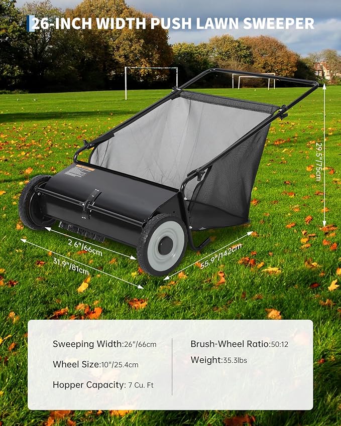 Takywep 26-Inch Push Lawn Sweeper, Anti-Rust Steel Frame, 4 High-Density Brushes, Adjustable Height, 7 Cu.Ft Collection Bag for Yard Debris (Black)