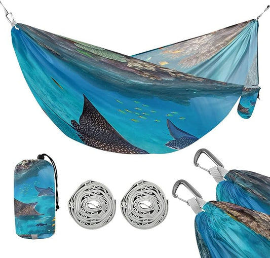 Sea Stingray Camping Hammock, Portable Lightweight Single Hammock with Tree Straps and Aluminum Carabiners, 114" x 54" Travel Hammock for Hiking Backpacking Beach