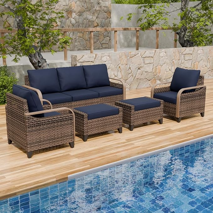 Modern Wicker Patio Furniture Set, Rattan Outdoor Conversation Set with Comfortable Cushions, 2 Patio Chairs, 3 Seat Couch and 2 Ottomans, 5 Pieces, Brown/Blue